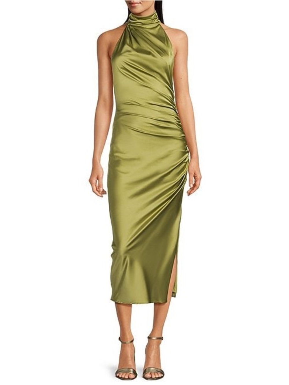 Badgley Mischka Olive Green Halter Satin Midi Dress